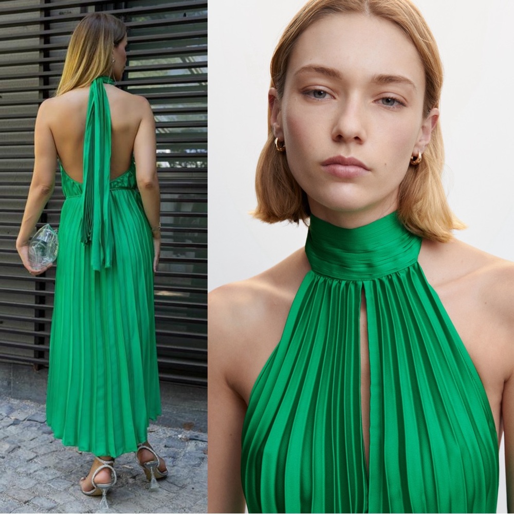 MANGO NWT BLOGGER FAVE Green Pleated Tie Neck Halter Midi Dress Sz 8 - Picture 16 of 17